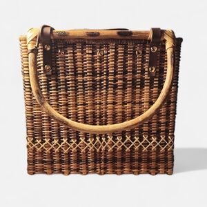 Vintage Wicker rattan straw handbag purse Wooden Handles By Summer Tompkins Boho